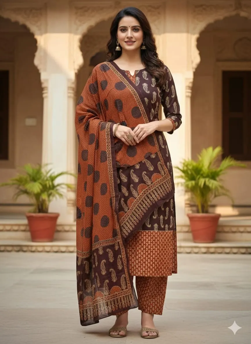 Maroon cotton three piece